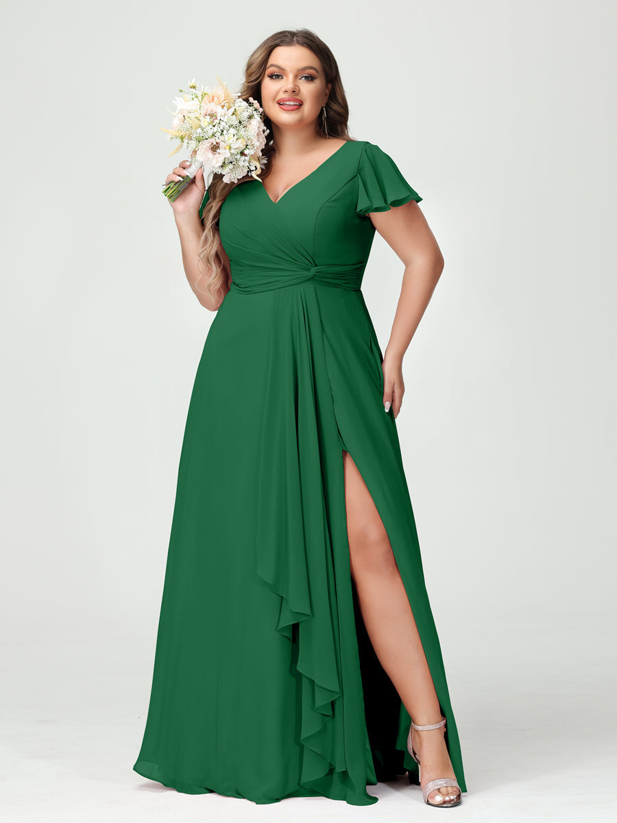 A-Line/Princess V-Neck Short Sleeves Chiffon Ruffles Split Side Plus Size Bridesmaid Dresses with Pockets Emerald