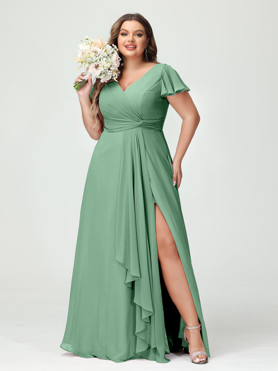 A-Line/Princess V-Neck Short Sleeves Chiffon Ruffles Split Side Plus Size Bridesmaid Dresses with Pockets Eucalyptus