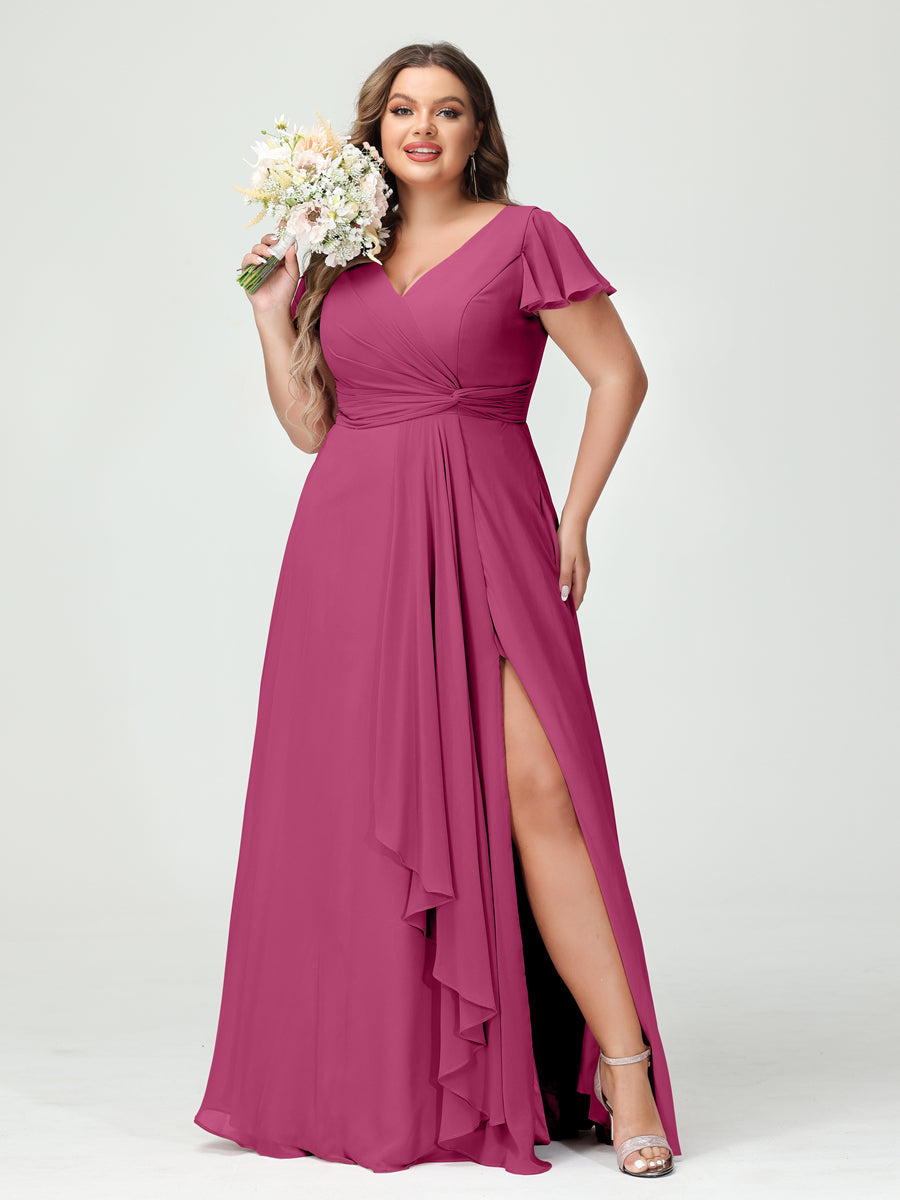A-Line/Princess V-Neck Short Sleeves Chiffon Ruffles Split Side Plus Size Bridesmaid Dresses with Pockets Fuchsia