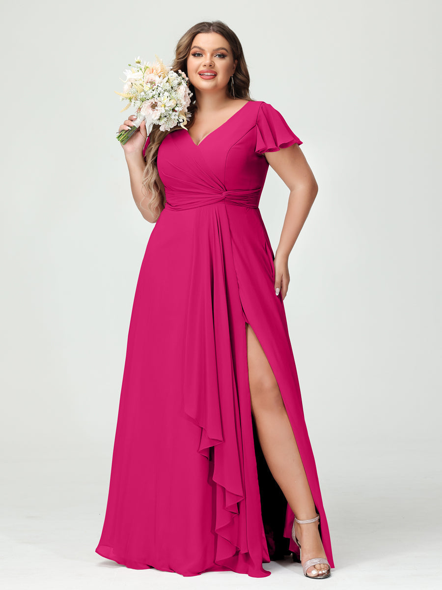 A-Line/Princess V-Neck Short Sleeves Chiffon Ruffles Split Side Plus Size Bridesmaid Dresses with Pockets Fuchsia Pink