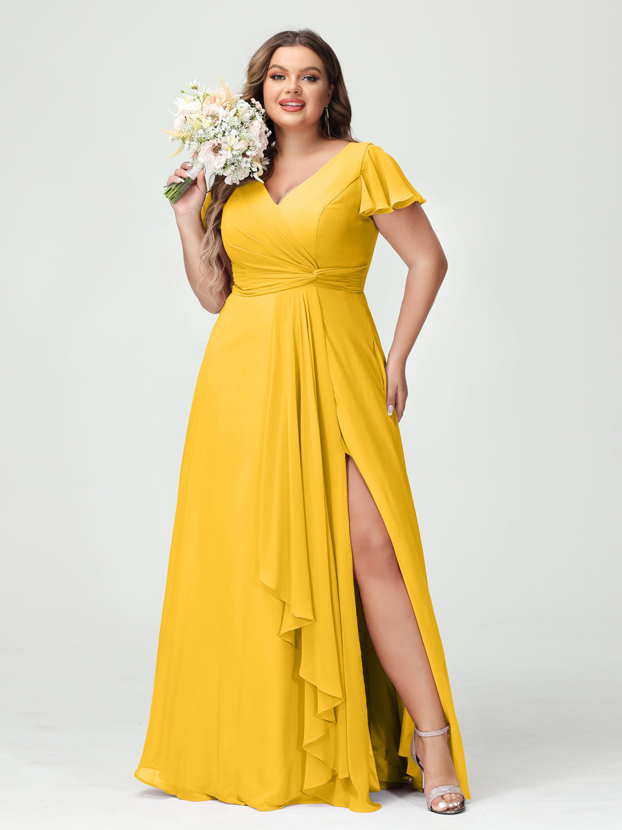A-Line/Princess V-Neck Short Sleeves Chiffon Ruffles Split Side Plus Size Bridesmaid Dresses with Pockets Gold