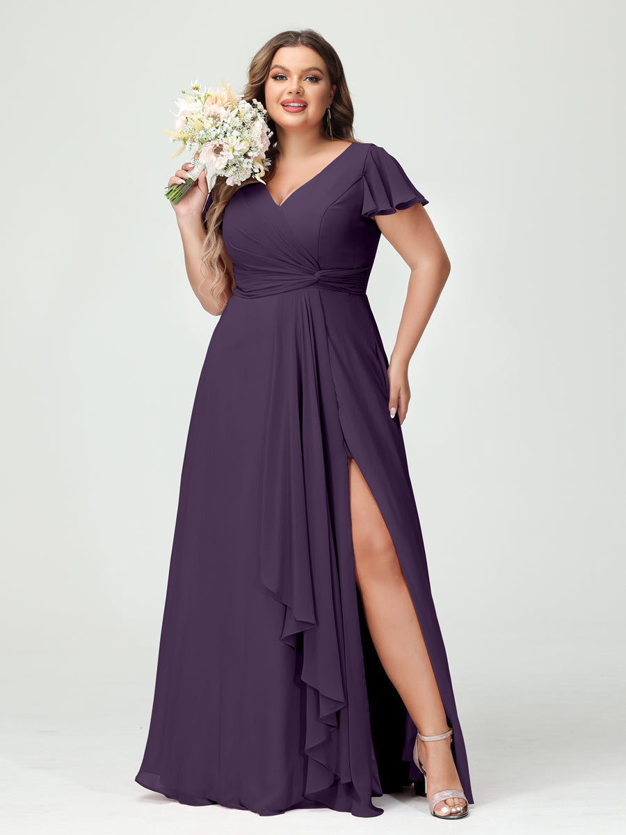 A-Line/Princess V-Neck Short Sleeves Chiffon Ruffles Split Side Plus Size Bridesmaid Dresses with Pockets Grape