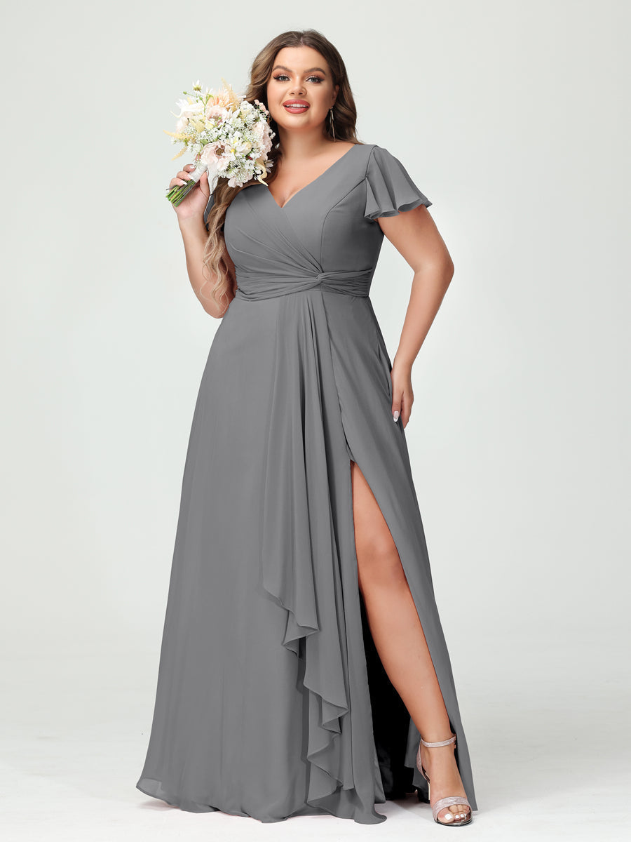 A-Line/Princess V-Neck Short Sleeves Chiffon Ruffles Split Side Plus Size Bridesmaid Dresses with Pockets Gray