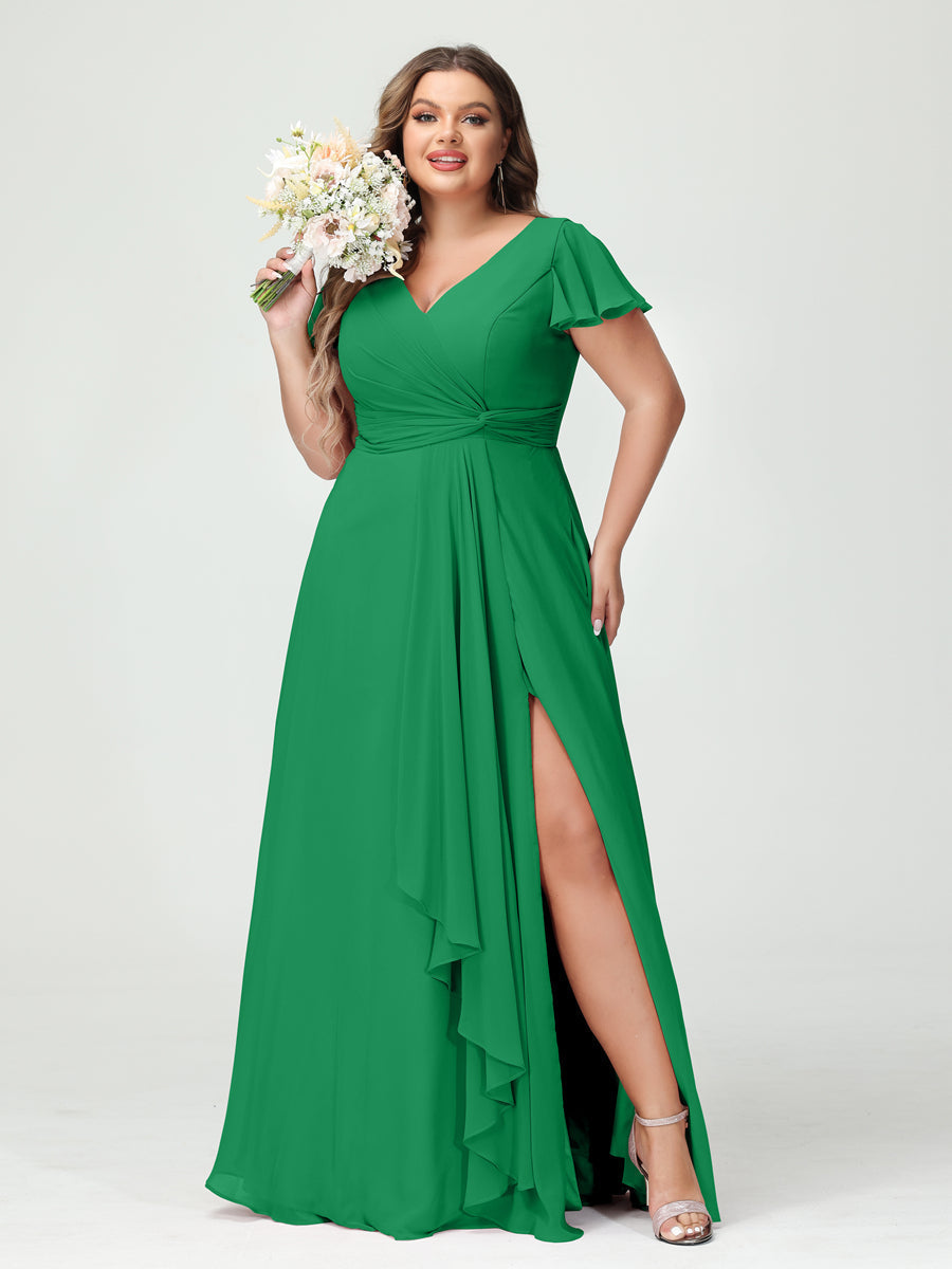 A-Line/Princess V-Neck Short Sleeves Chiffon Ruffles Split Side Plus Size Bridesmaid Dresses with Pockets Green