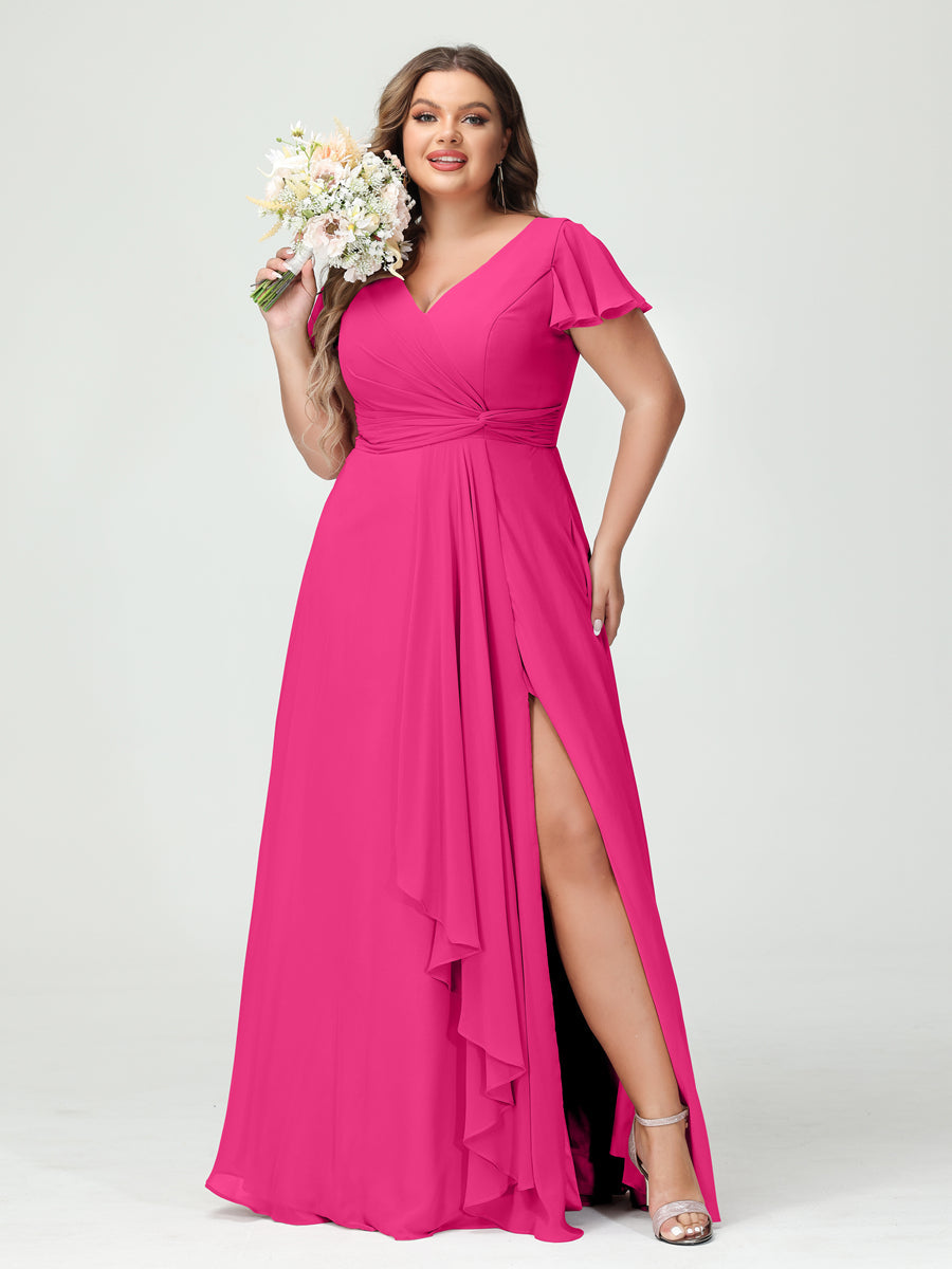 A-Line/Princess V-Neck Short Sleeves Chiffon Ruffles Split Side Plus Size Bridesmaid Dresses with Pockets Hot Pink