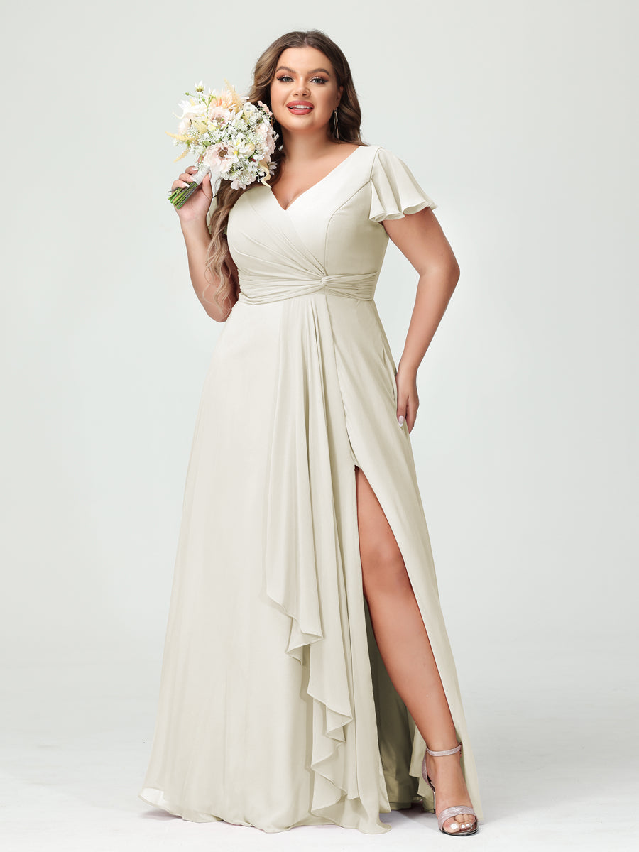 A-Line/Princess V-Neck Short Sleeves Chiffon Ruffles Split Side Plus Size Bridesmaid Dresses with Pockets Ivory