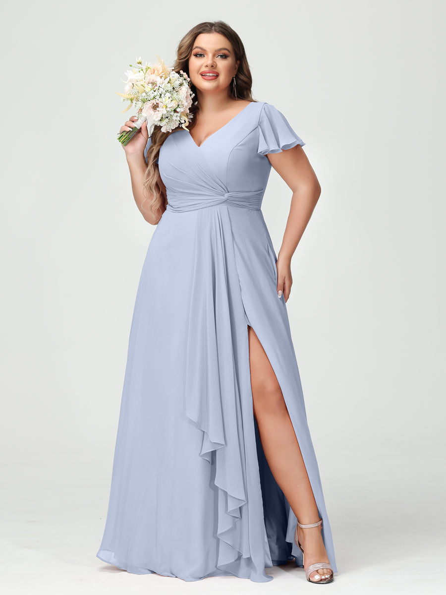 A-Line/Princess V-Neck Short Sleeves Chiffon Ruffles Split Side Plus Size Bridesmaid Dresses with Pockets Lavender