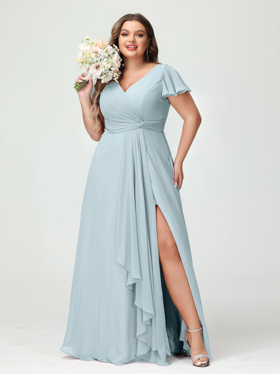 A-Line/Princess V-Neck Short Sleeves Chiffon Ruffles Split Side Plus Size Bridesmaid Dresses with Pockets Light Blue