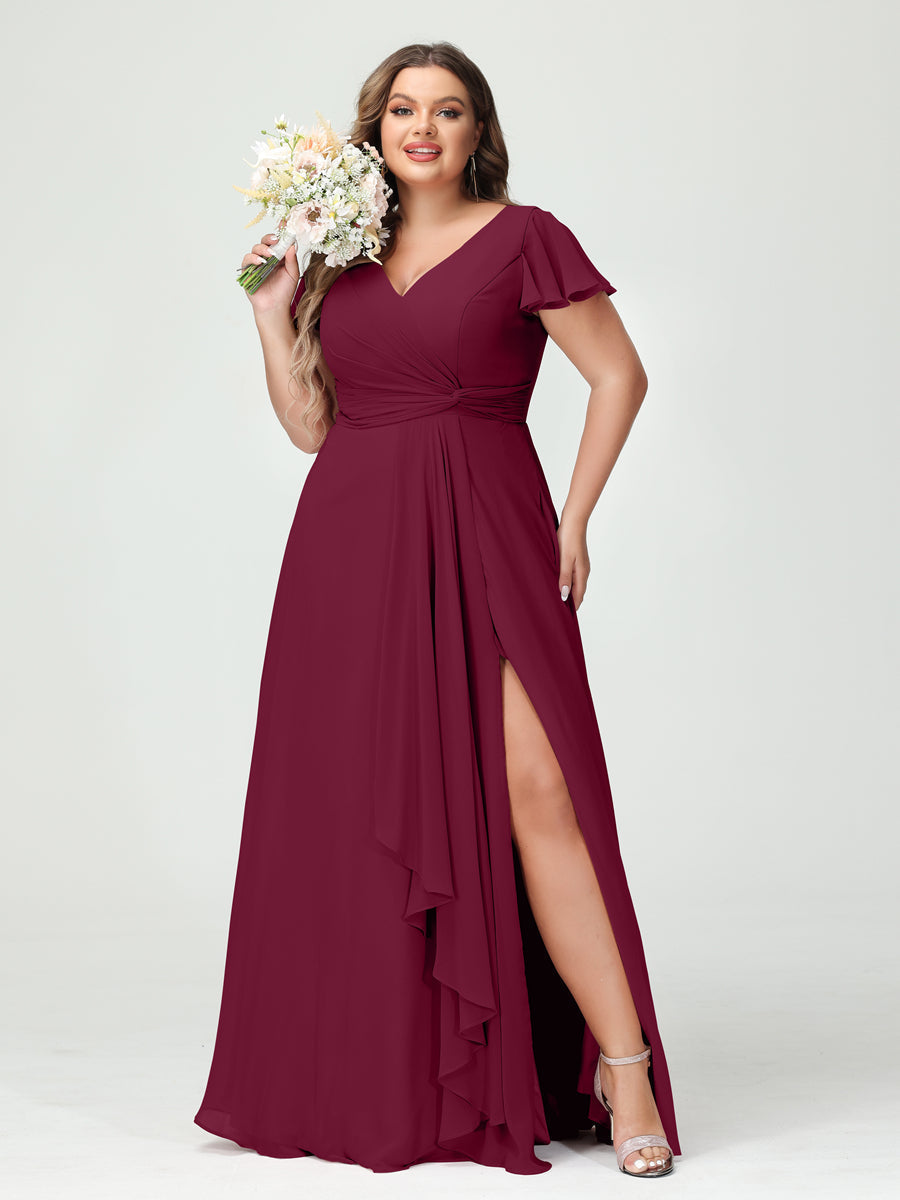 A-Line/Princess V-Neck Short Sleeves Chiffon Ruffles Split Side Plus Size Bridesmaid Dresses with Pockets Light Burgundy
