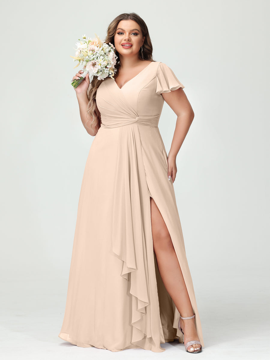 A-Line/Princess V-Neck Short Sleeves Chiffon Ruffles Split Side Plus Size Bridesmaid Dresses with Pockets Light Champagne