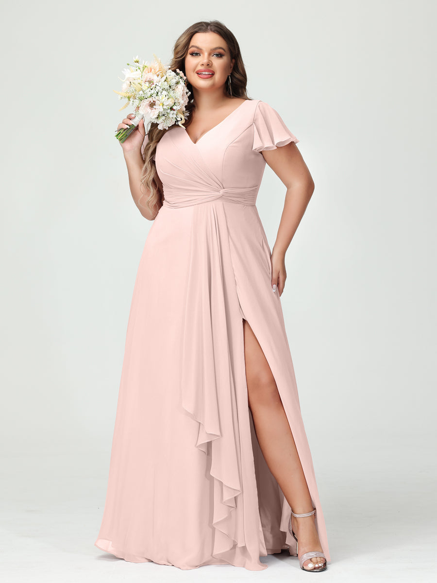 A-Line/Princess V-Neck Short Sleeves Chiffon Ruffles Split Side Plus Size Bridesmaid Dresses with Pockets Light Pink