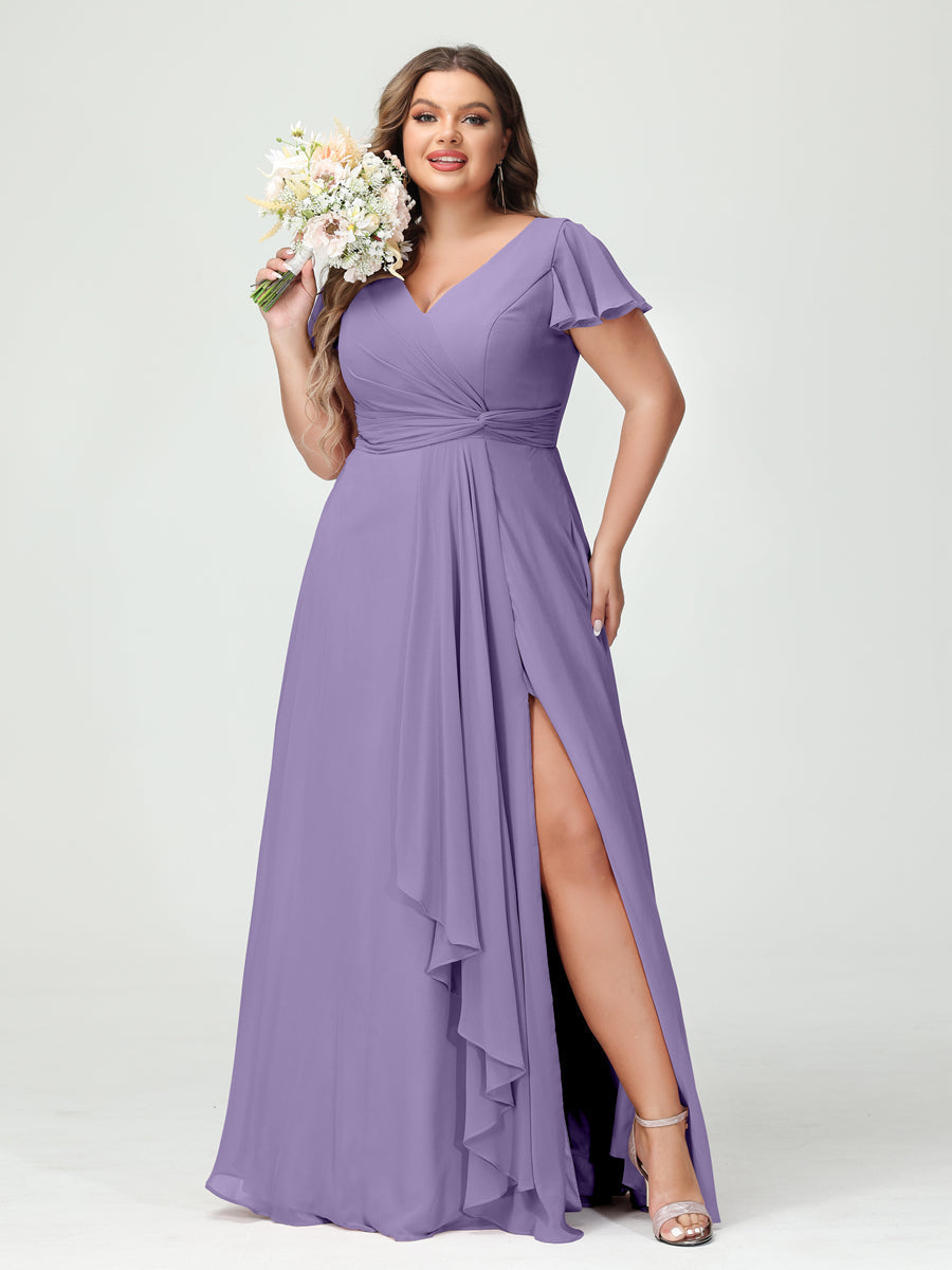 A-Line/Princess V-Neck Short Sleeves Chiffon Ruffles Split Side Plus Size Bridesmaid Dresses with Pockets Light Purple