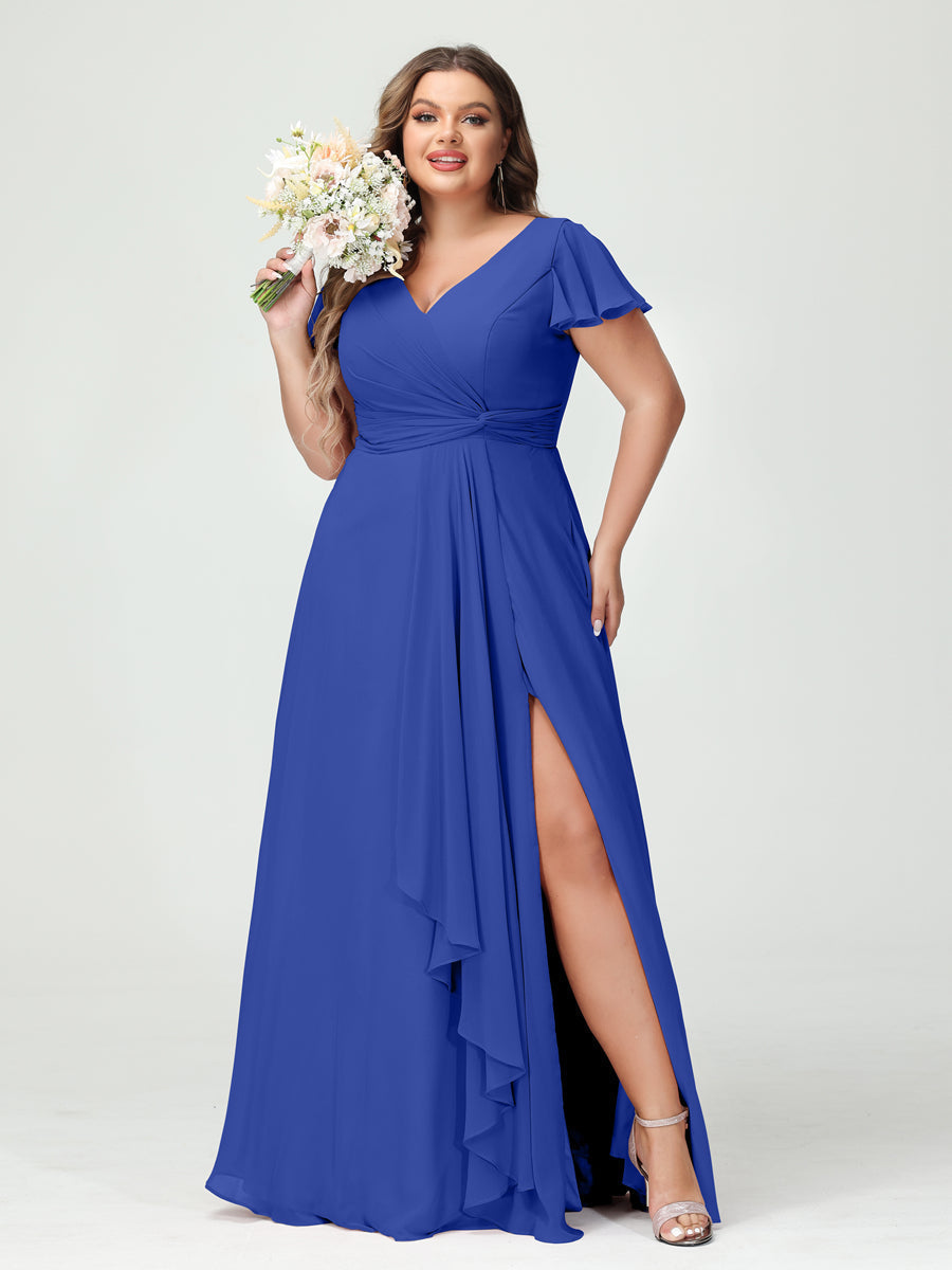 A-Line/Princess V-Neck Short Sleeves Chiffon Ruffles Split Side Plus Size Bridesmaid Dresses with Pockets Light Royal Blue