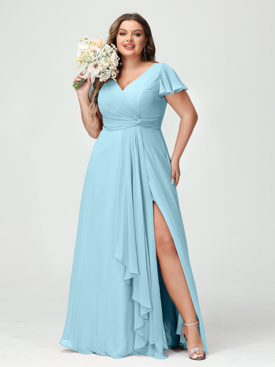 A-Line/Princess V-Neck Short Sleeves Chiffon Ruffles Split Side Plus Size Bridesmaid Dresses with Pockets Light Sky Blue