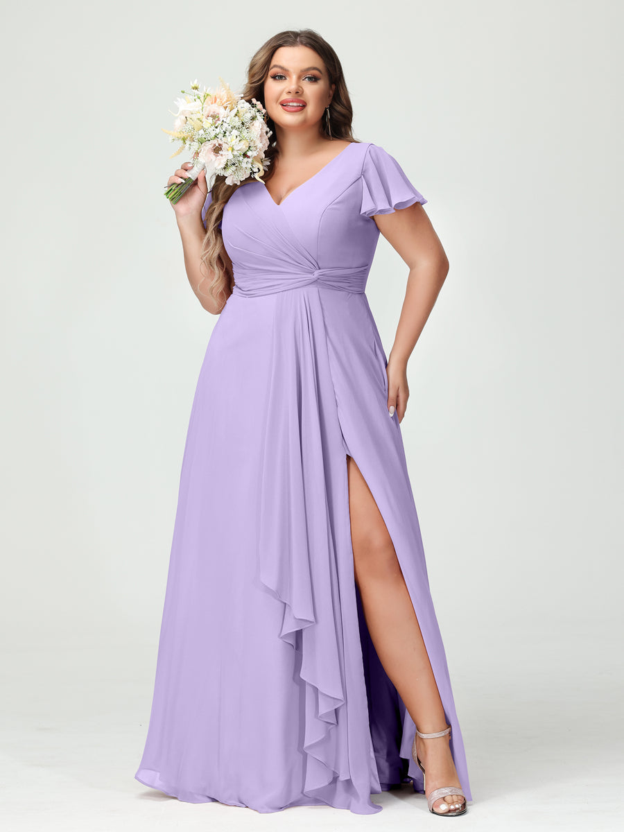 A-Line/Princess V-Neck Short Sleeves Chiffon Ruffles Split Side Plus Size Bridesmaid Dresses with Pockets Lilac