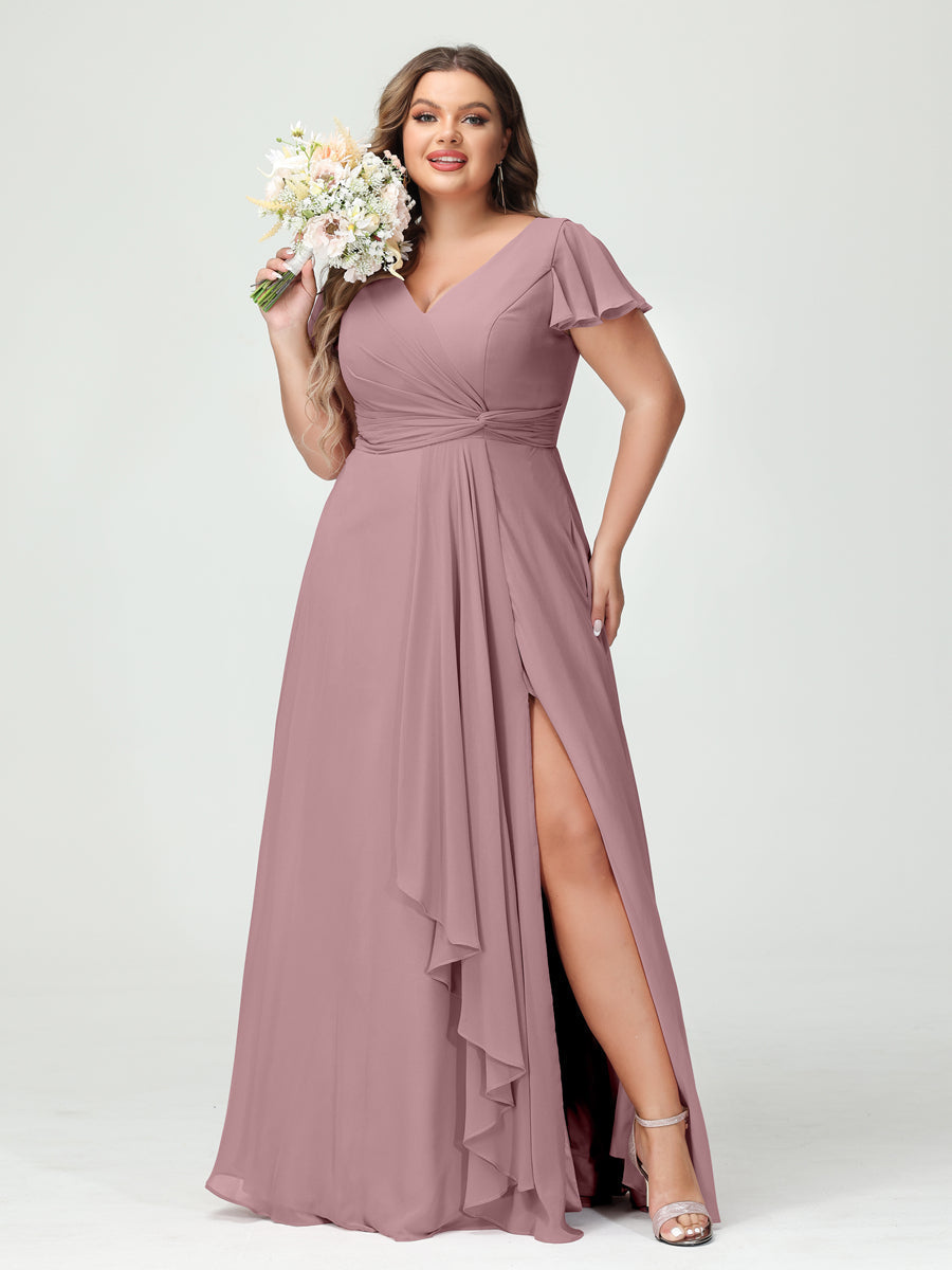 A-Line/Princess V-Neck Short Sleeves Chiffon Ruffles Split Side Plus Size Bridesmaid Dresses with Pockets Mauve