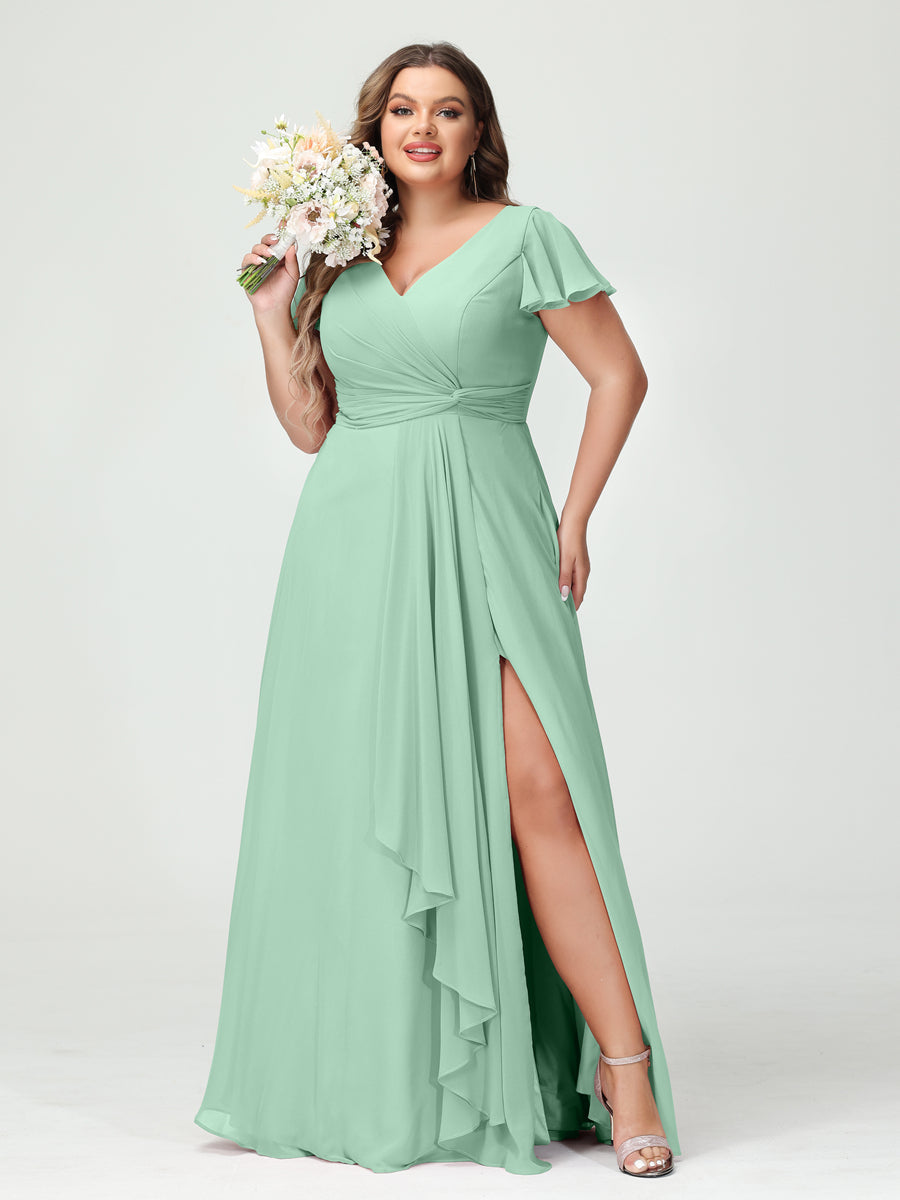 A-Line/Princess V-Neck Short Sleeves Chiffon Ruffles Split Side Plus Size Bridesmaid Dresses with Pockets Mint Green