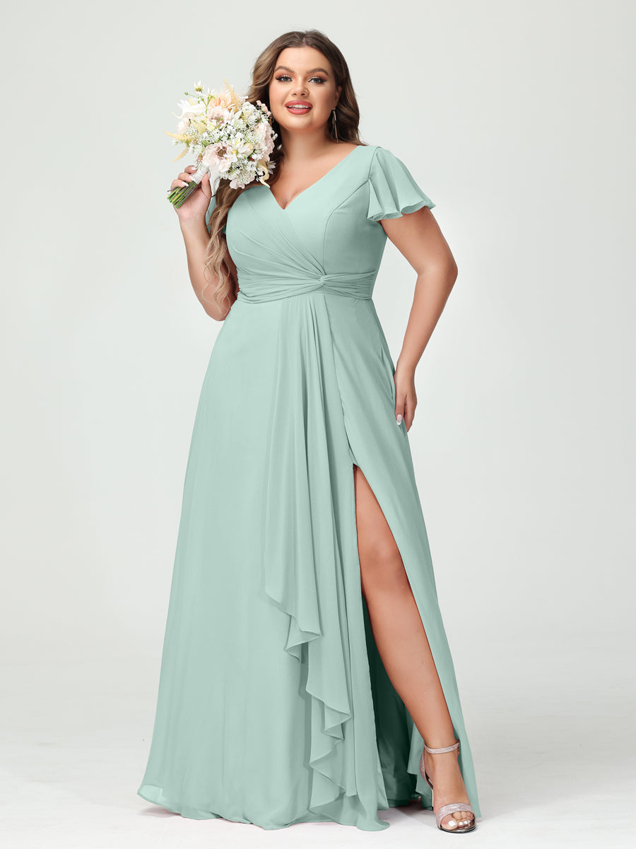 A-Line/Princess V-Neck Short Sleeves Chiffon Ruffles Split Side Plus Size Bridesmaid Dresses with Pockets Mist Blue