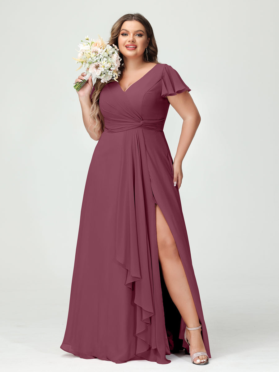 A-Line/Princess V-Neck Short Sleeves Chiffon Ruffles Split Side Plus Size Bridesmaid Dresses with Pockets Mulberry