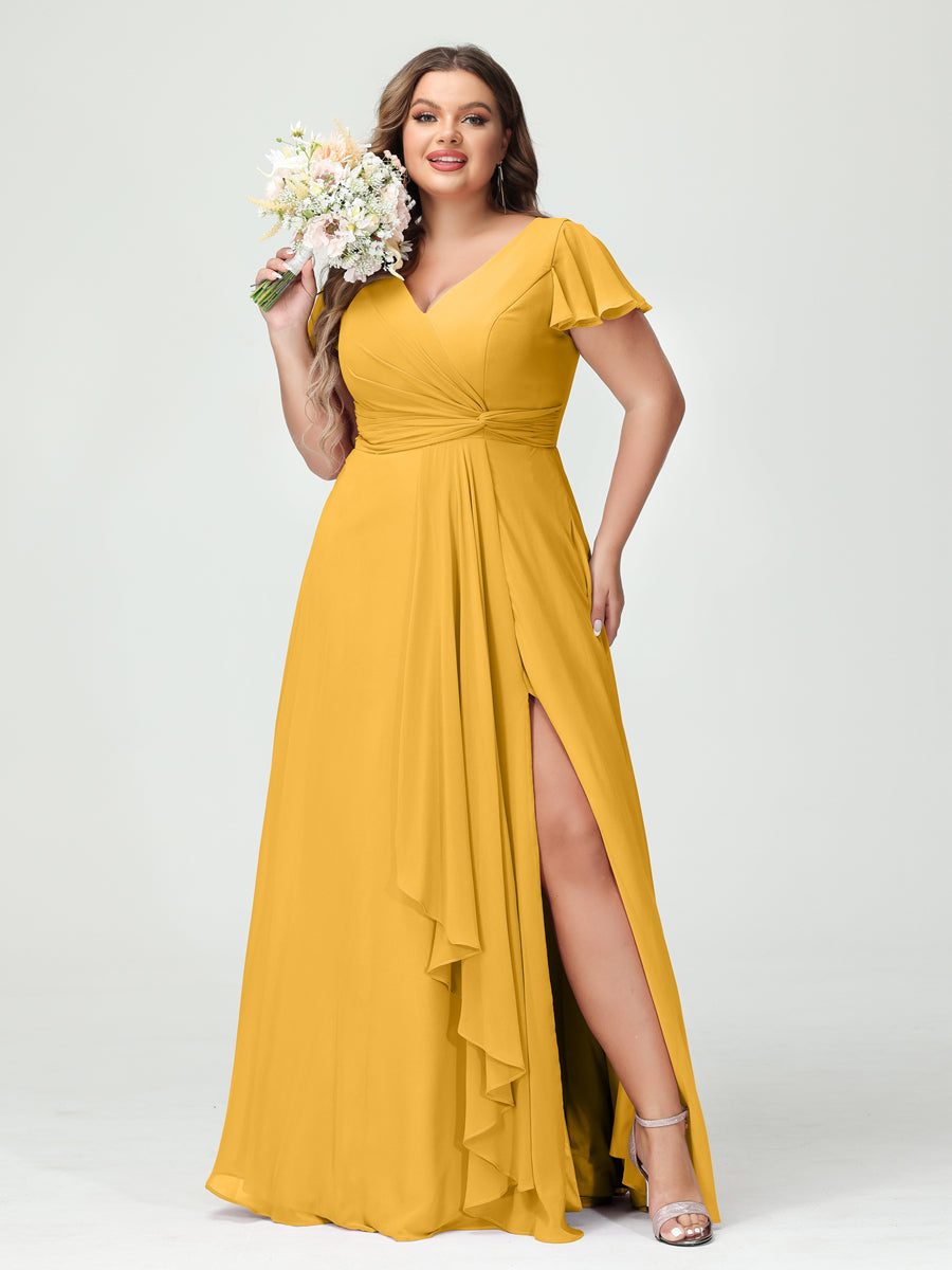 A-Line/Princess V-Neck Short Sleeves Chiffon Ruffles Split Side Plus Size Bridesmaid Dresses with Pockets Mustard Yellow