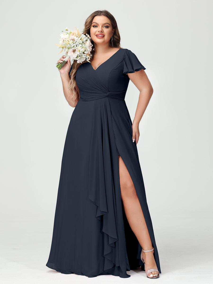 A-Line/Princess V-Neck Short Sleeves Chiffon Ruffles Split Side Plus Size Bridesmaid Dresses with Pockets Navy Blue