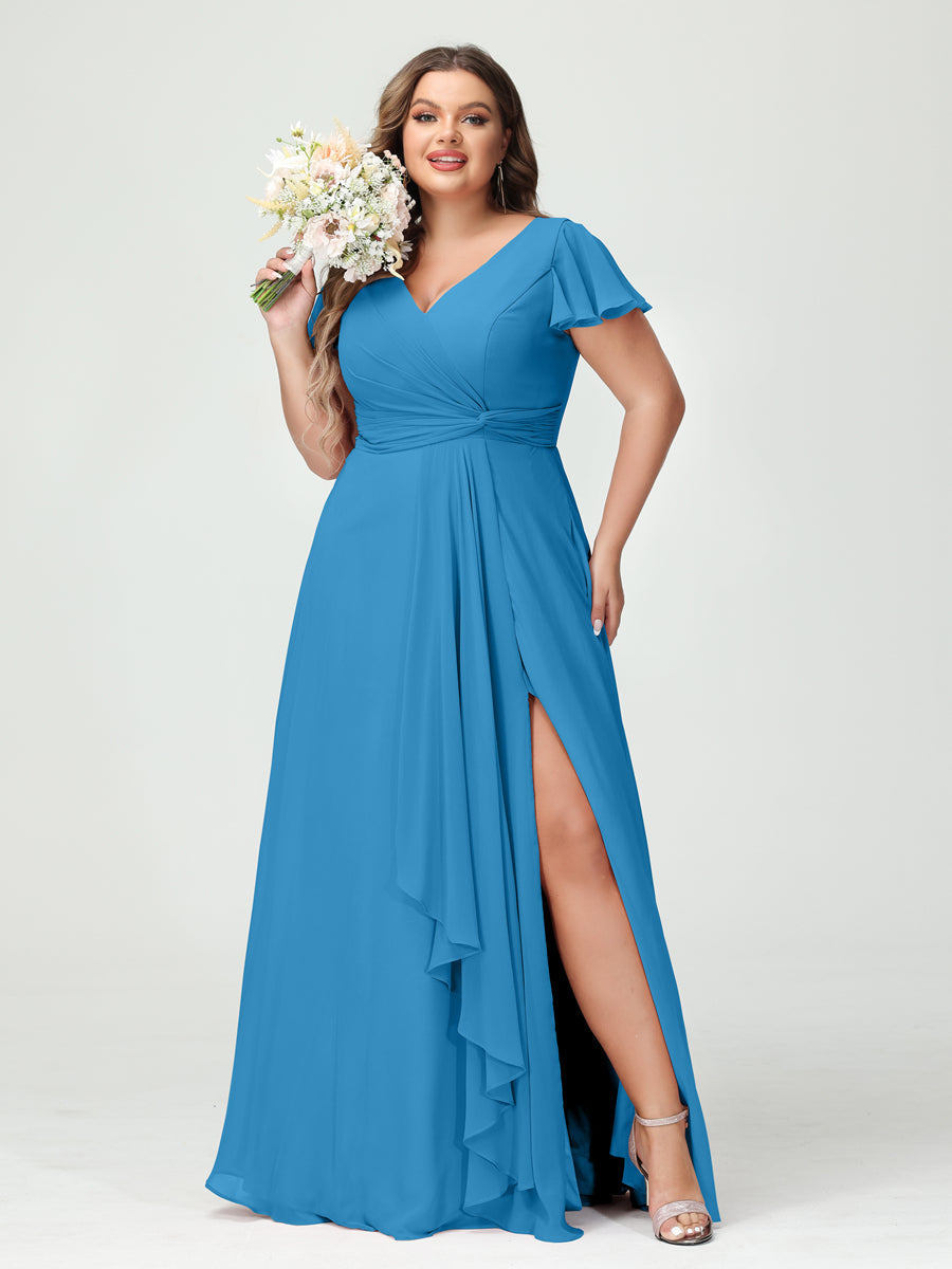 A-Line/Princess V-Neck Short Sleeves Chiffon Ruffles Split Side Plus Size Bridesmaid Dresses with Pockets Ocean Blue