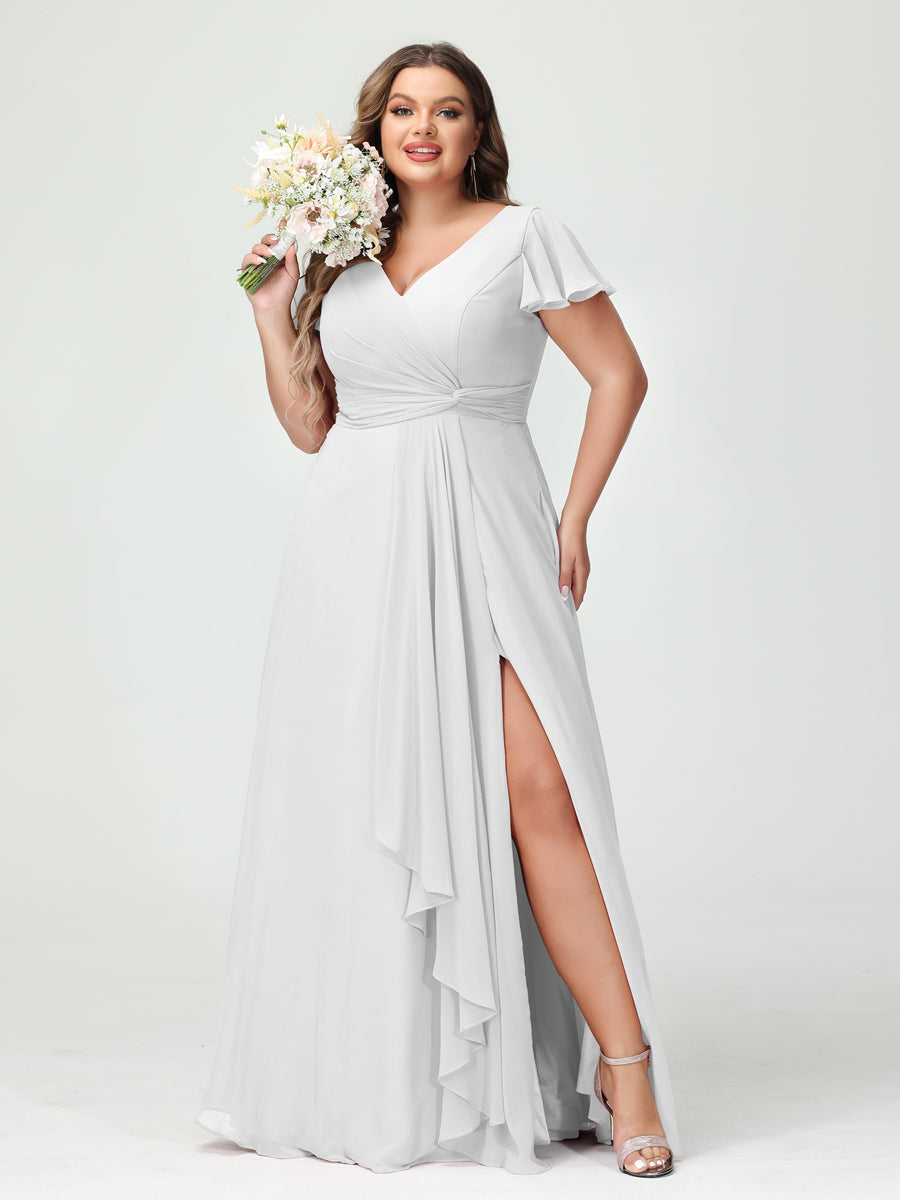 A-Line/Princess V-Neck Short Sleeves Chiffon Ruffles Split Side Plus Size Bridesmaid Dresses with Pockets Off White