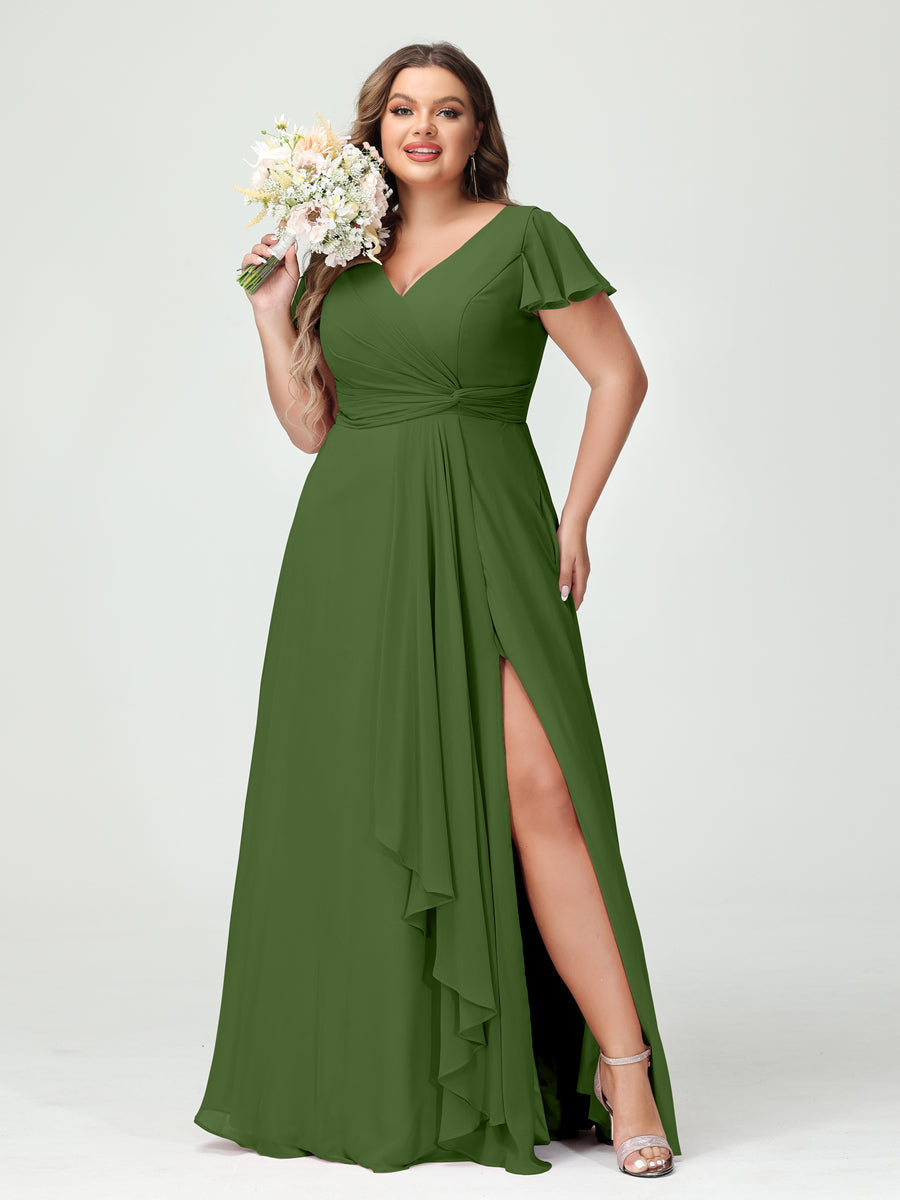 A-Line/Princess V-Neck Short Sleeves Chiffon Ruffles Split Side Plus Size Bridesmaid Dresses with Pockets Olive Green