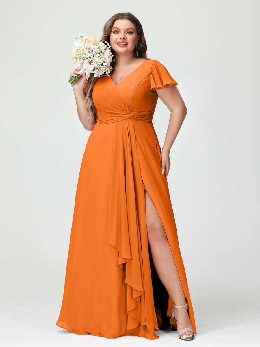 A-Line/Princess V-Neck Short Sleeves Chiffon Ruffles Split Side Plus Size Bridesmaid Dresses with Pockets Orange