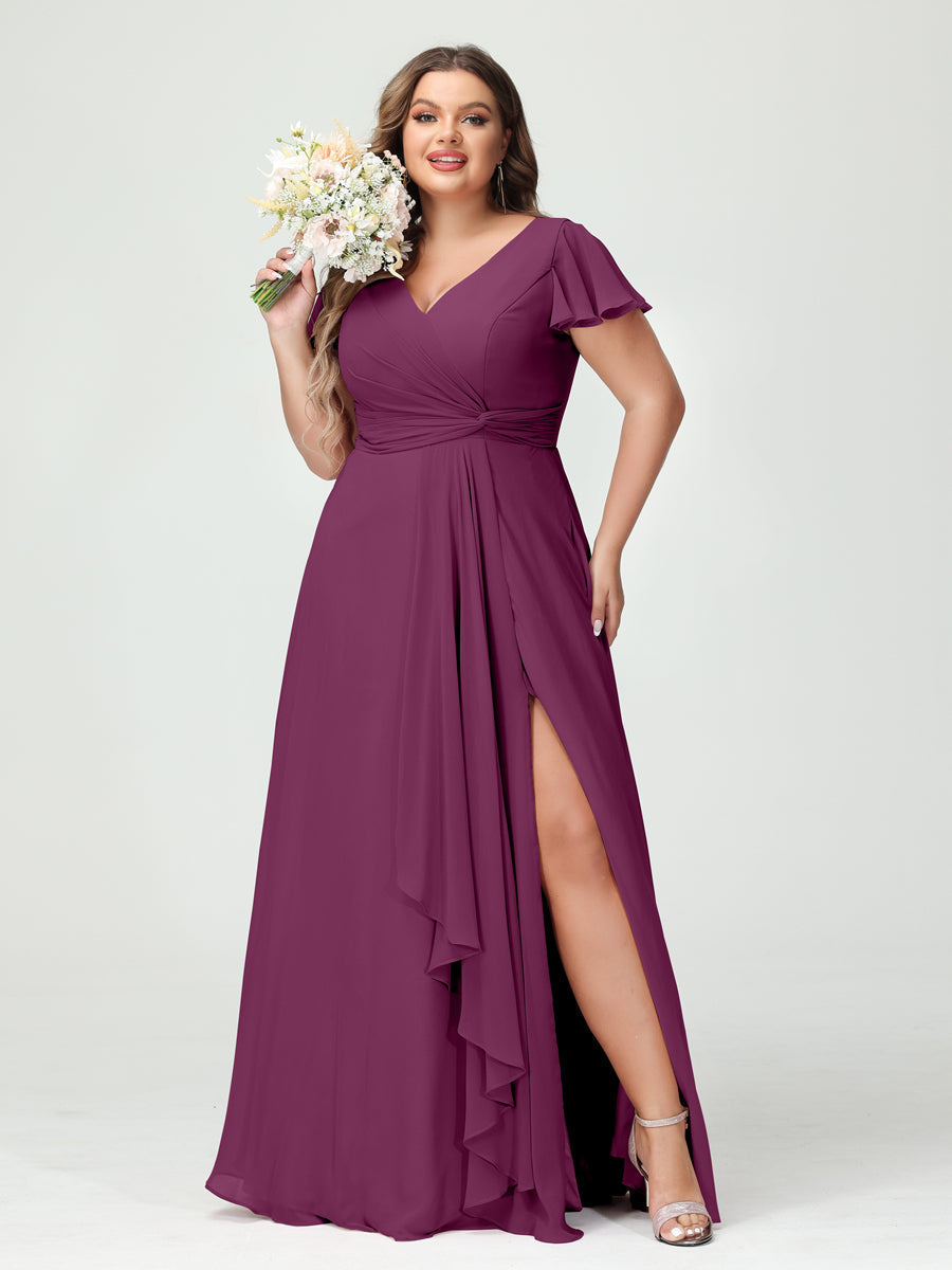 A-Line/Princess V-Neck Short Sleeves Chiffon Ruffles Split Side Plus Size Bridesmaid Dresses with Pockets Orchid