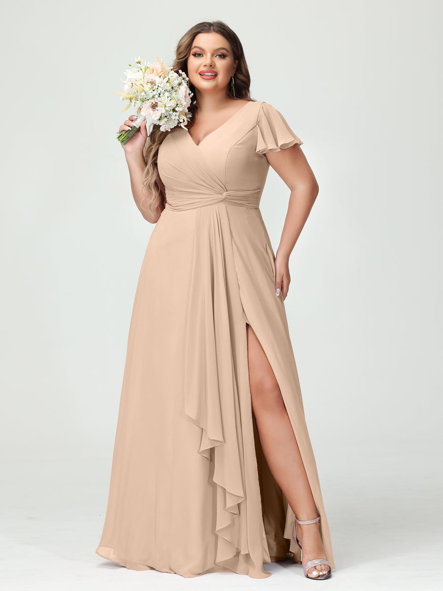 A-Line/Princess V-Neck Short Sleeves Chiffon Ruffles Split Side Plus Size Bridesmaid Dresses with Pockets Peach Pink