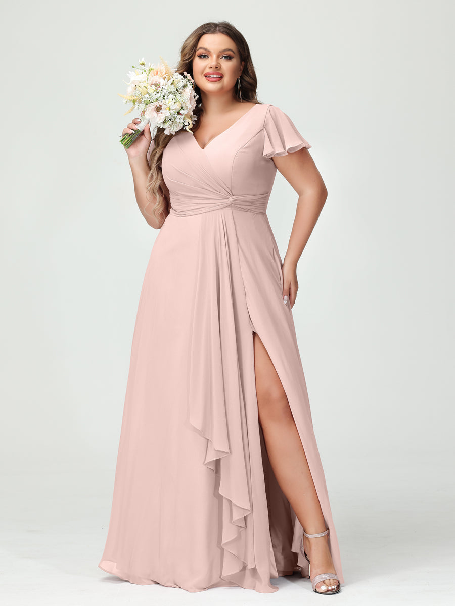 A-Line/Princess V-Neck Short Sleeves Chiffon Ruffles Split Side Plus Size Bridesmaid Dresses with Pockets Pearl Pink