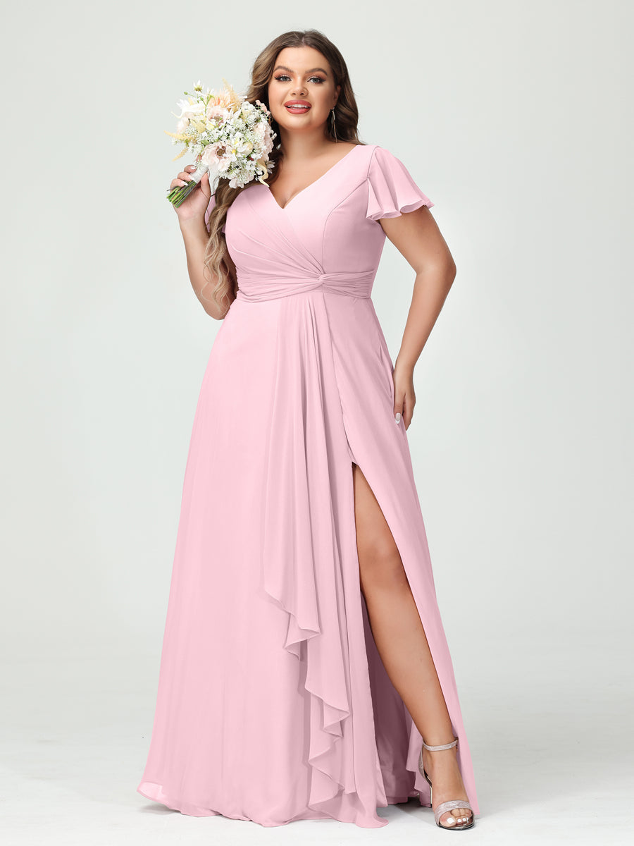 A-Line/Princess V-Neck Short Sleeves Chiffon Ruffles Split Side Plus Size Bridesmaid Dresses with Pockets Pink