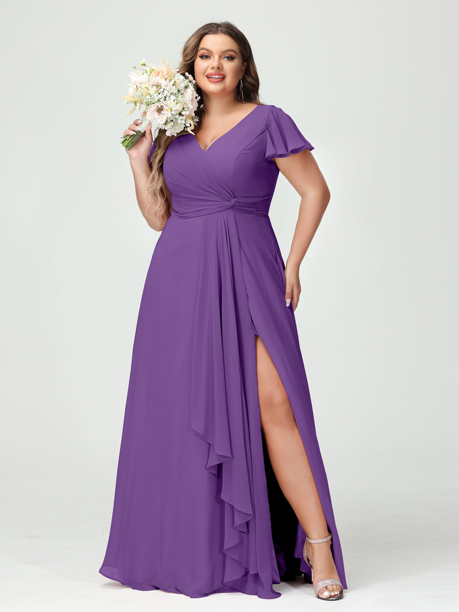 A-Line/Princess V-Neck Short Sleeves Chiffon Ruffles Split Side Plus Size Bridesmaid Dresses with Pockets Purple