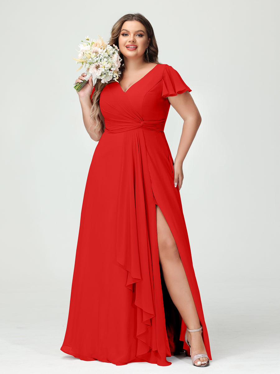 A-Line/Princess V-Neck Short Sleeves Chiffon Ruffles Split Side Plus Size Bridesmaid Dresses with Pockets Red