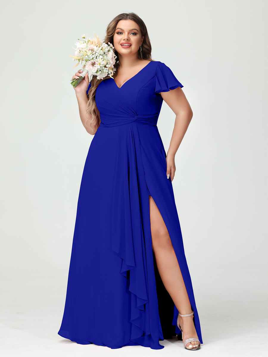A-Line/Princess V-Neck Short Sleeves Chiffon Ruffles Split Side Plus Size Bridesmaid Dresses with Pockets Royal Blue