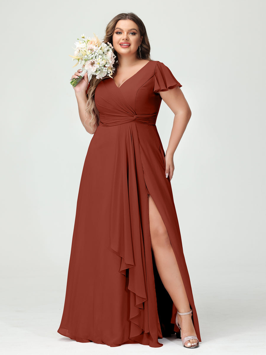 A-Line/Princess V-Neck Short Sleeves Chiffon Ruffles Split Side Plus Size Bridesmaid Dresses with Pockets Rust