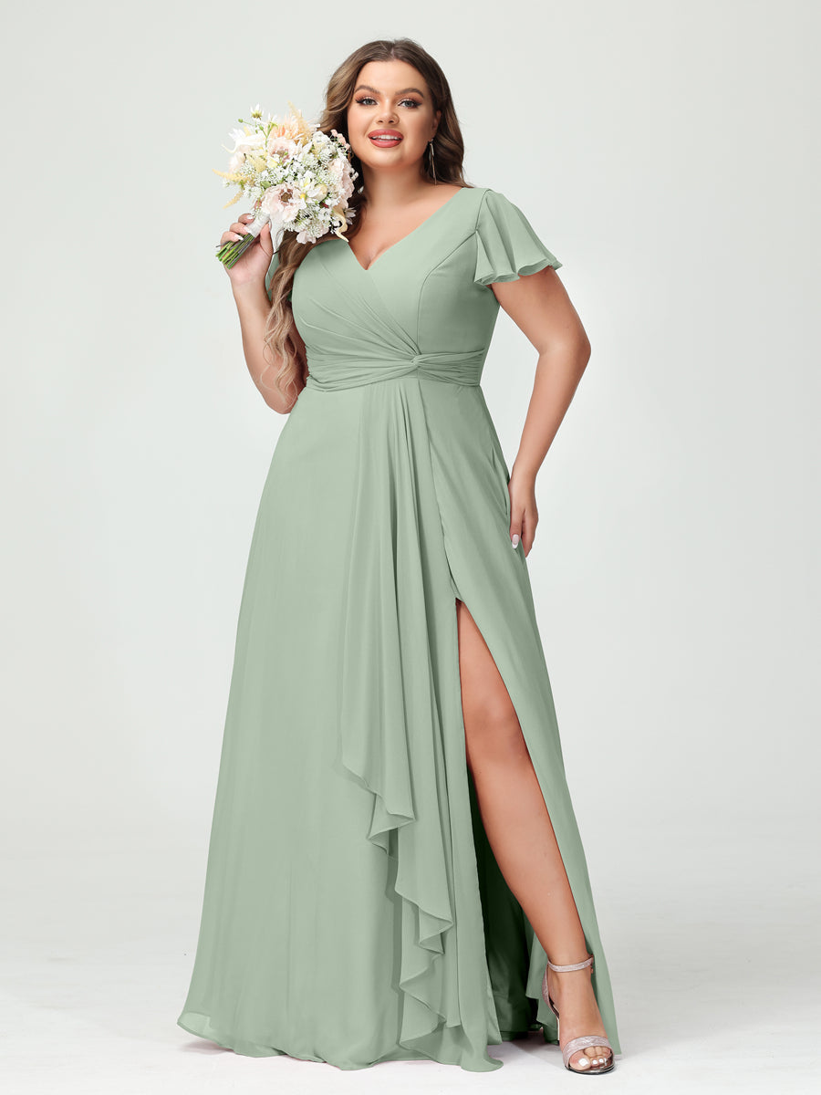 A-Line/Princess V-Neck Short Sleeves Chiffon Ruffles Split Side Plus Size Bridesmaid Dresses with Pockets Sage
