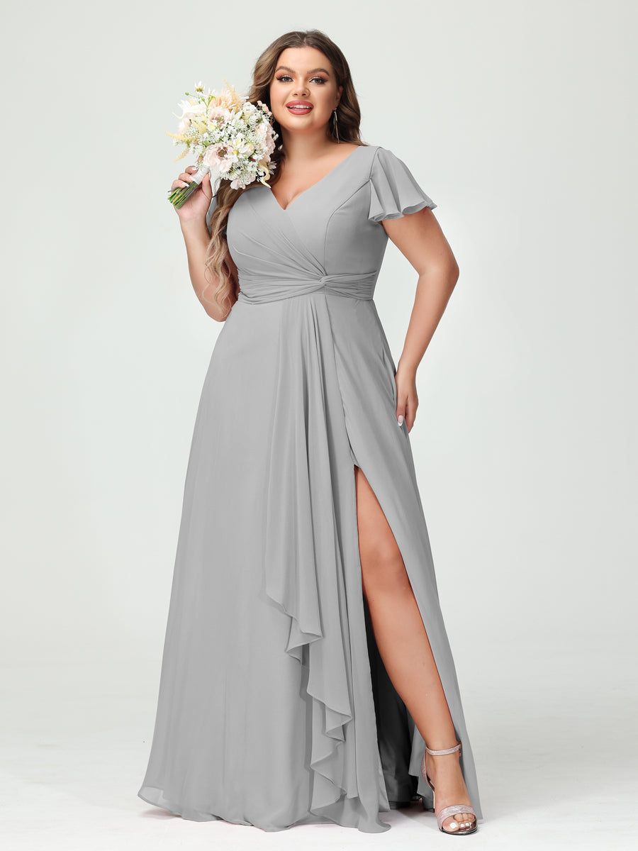 A-Line/Princess V-Neck Short Sleeves Chiffon Ruffles Split Side Plus Size Bridesmaid Dresses with Pockets Silver