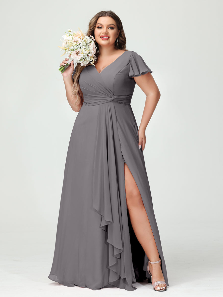 A-Line/Princess V-Neck Short Sleeves Chiffon Ruffles Split Side Plus Size Bridesmaid Dresses with Pockets Silver Gray