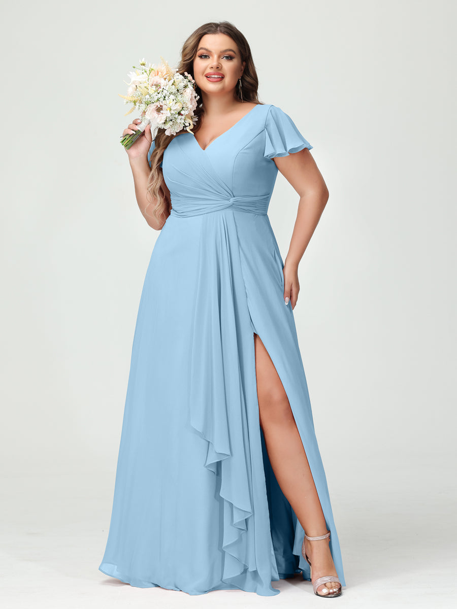A-Line/Princess V-Neck Short Sleeves Chiffon Ruffles Split Side Plus Size Bridesmaid Dresses with Pockets Sky Blue