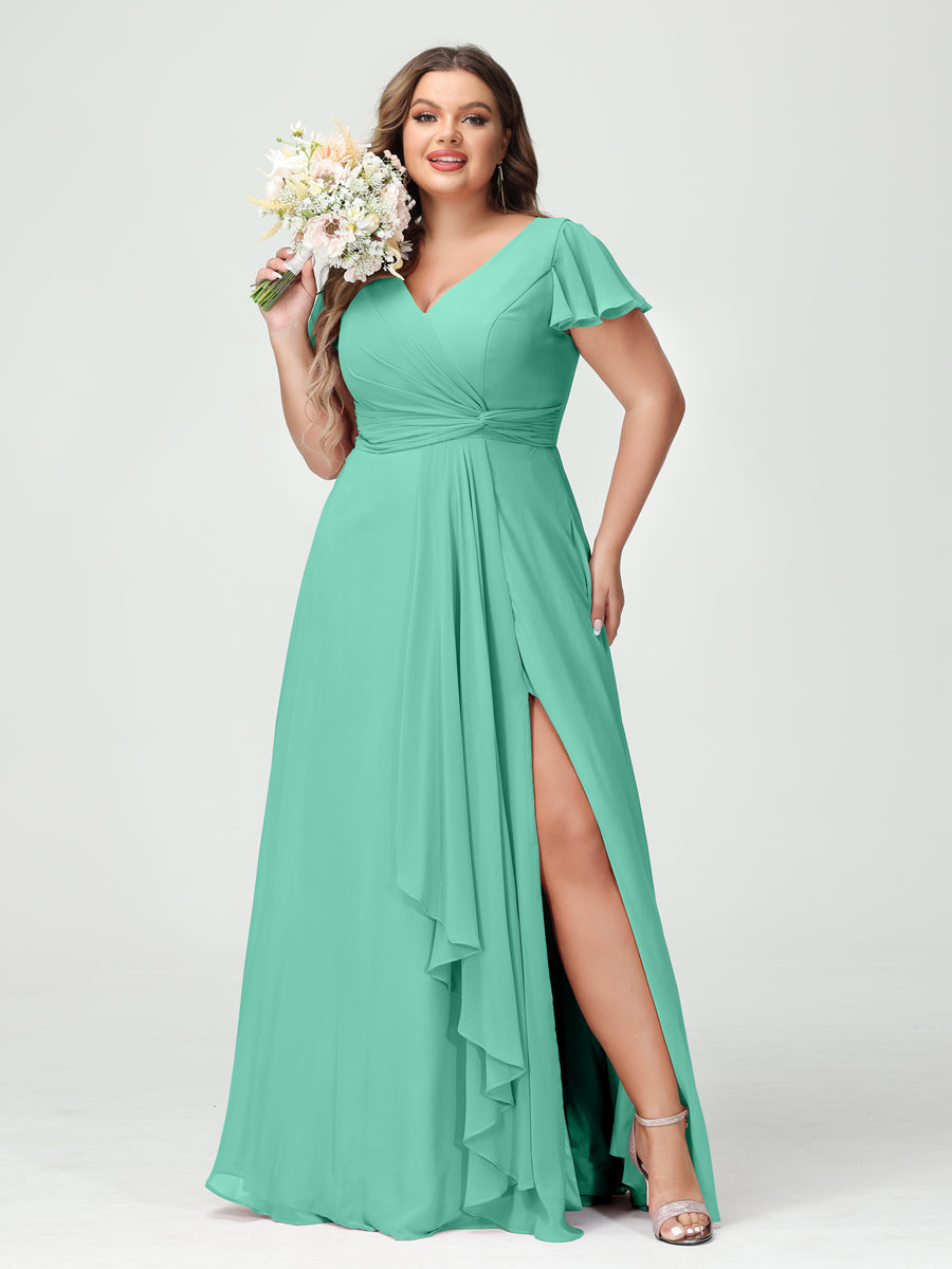 A-Line/Princess V-Neck Short Sleeves Chiffon Ruffles Split Side Plus Size Bridesmaid Dresses with Pockets Spa