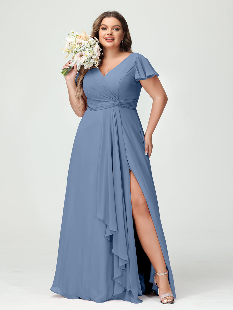 A-Line/Princess V-Neck Short Sleeves Chiffon Ruffles Split Side Plus Size Bridesmaid Dresses with Pockets Steel Blue