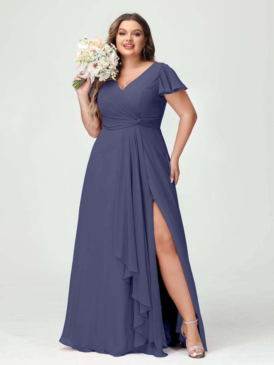 A-Line/Princess V-Neck Short Sleeves Chiffon Ruffles Split Side Plus Size Bridesmaid Dresses with Pockets Stormy Blue