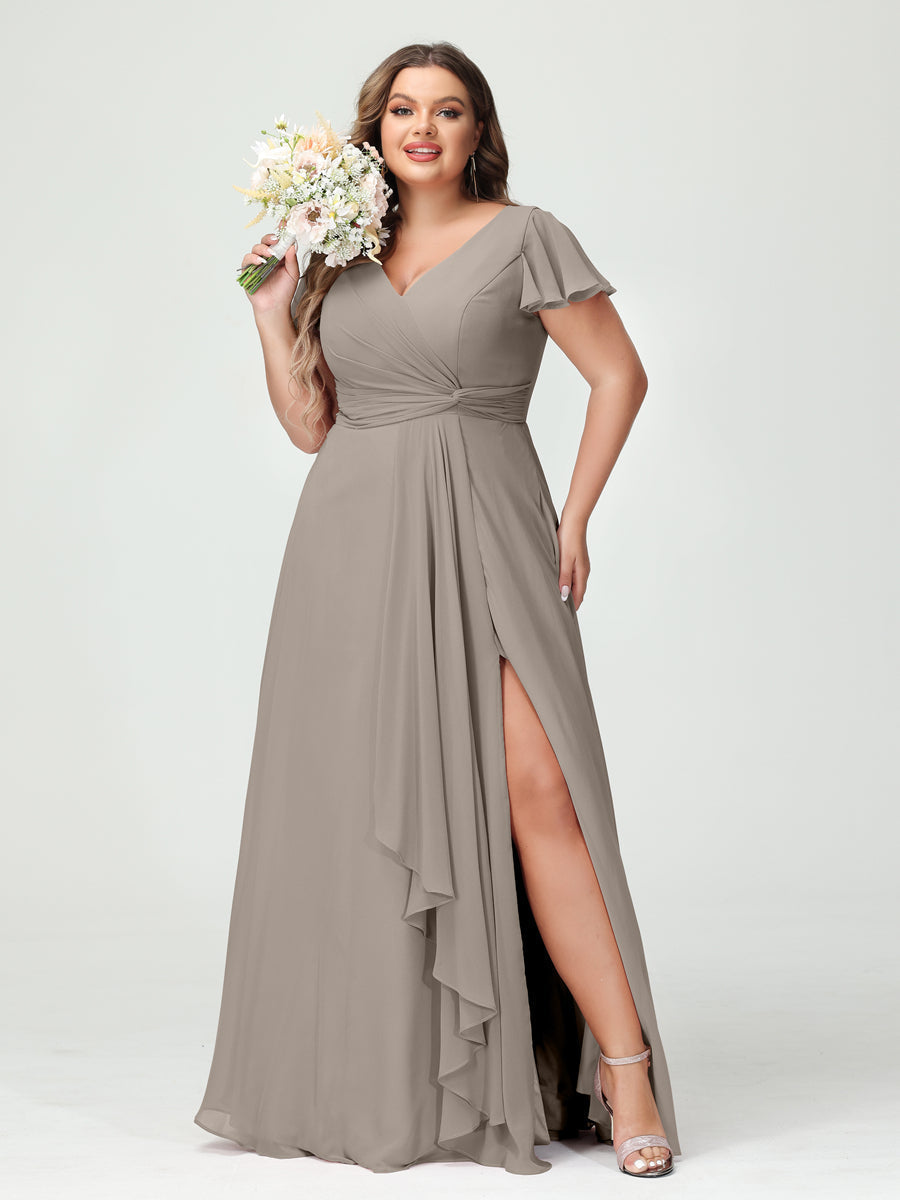 A-Line/Princess V-Neck Short Sleeves Chiffon Ruffles Split Side Plus Size Bridesmaid Dresses with Pockets Taupe