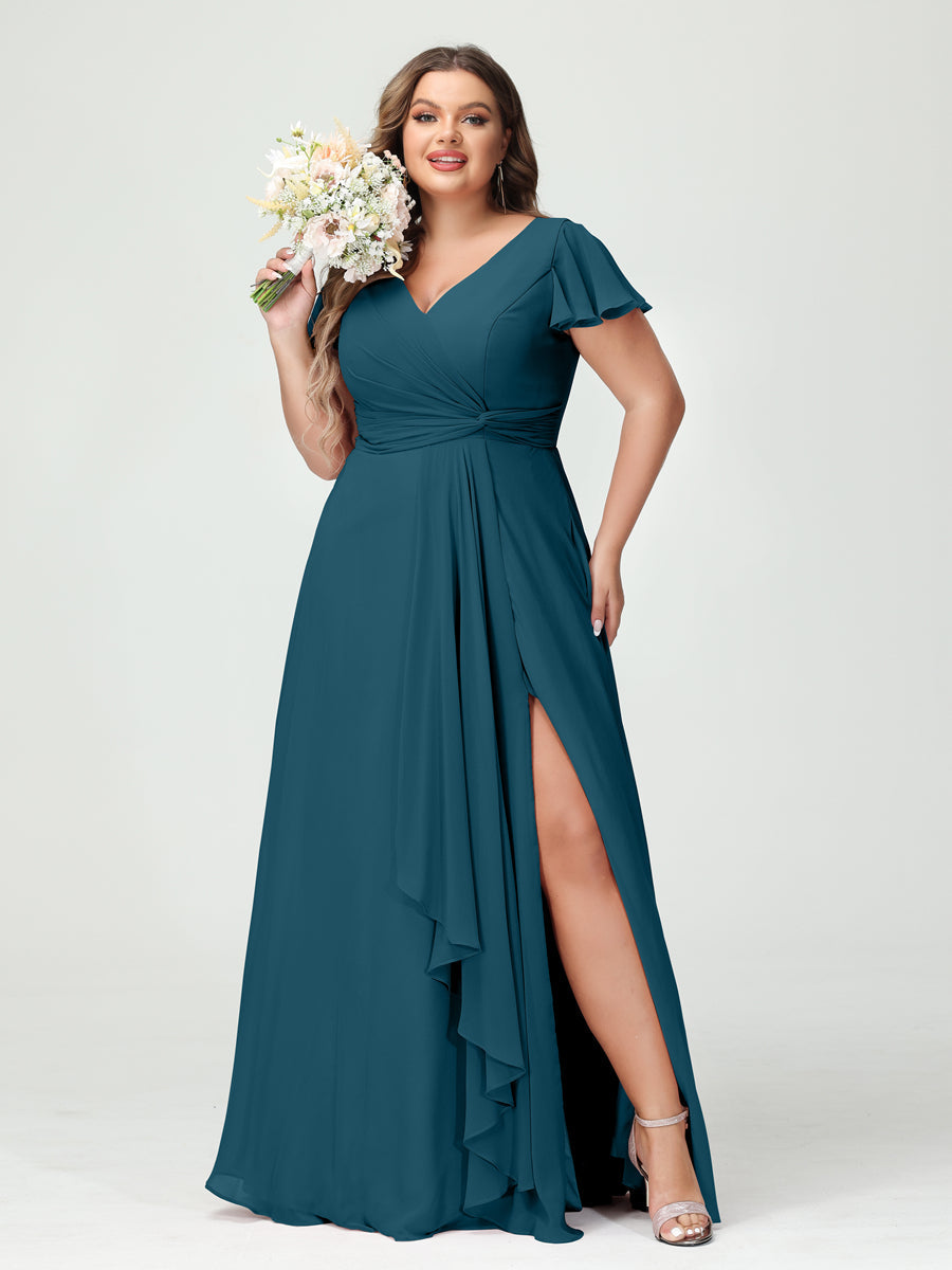 A-Line/Princess V-Neck Short Sleeves Chiffon Ruffles Split Side Plus Size Bridesmaid Dresses with Pockets Teal
