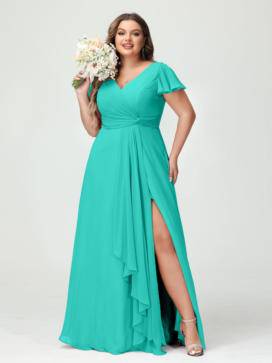 A-Line/Princess V-Neck Short Sleeves Chiffon Ruffles Split Side Plus Size Bridesmaid Dresses with Pockets Turquoise