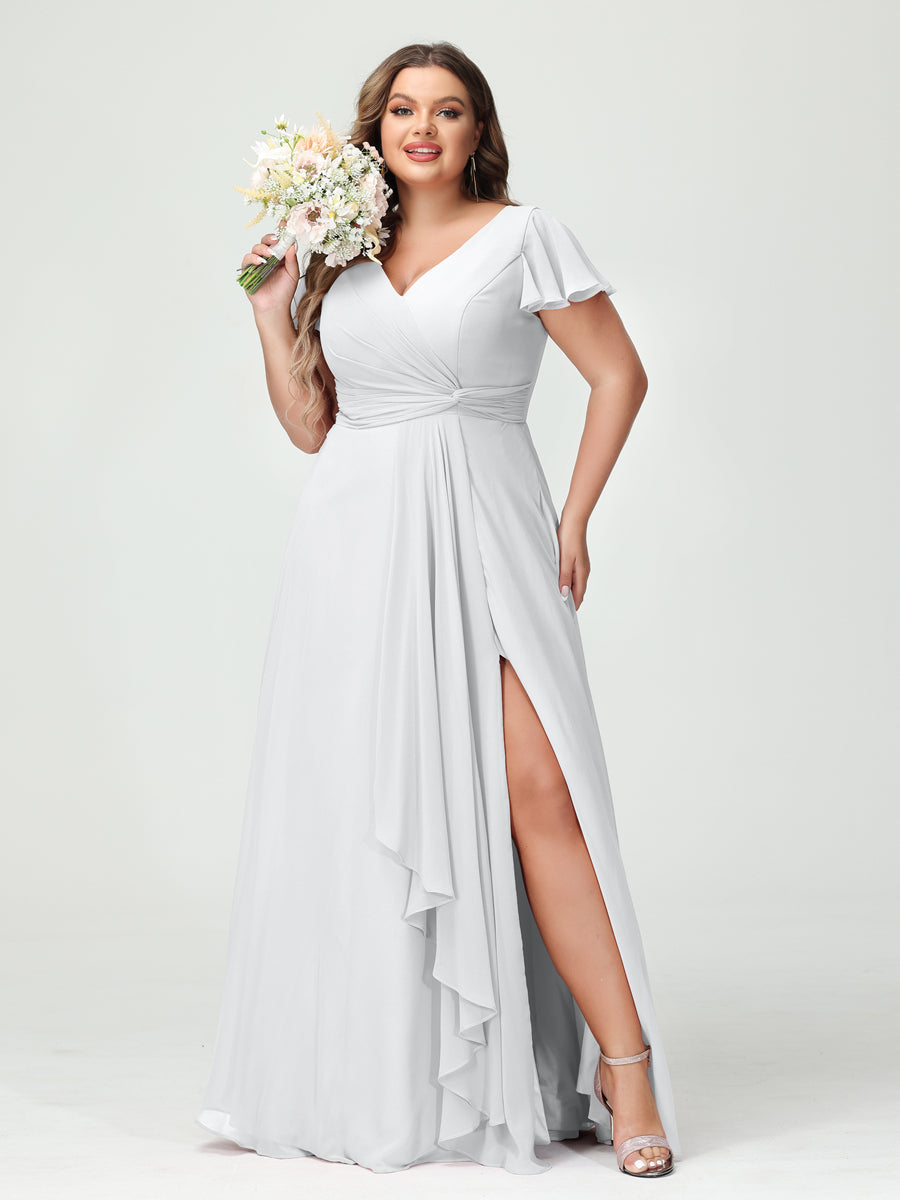 A-Line/Princess V-Neck Short Sleeves Chiffon Ruffles Split Side Plus Size Bridesmaid Dresses with Pockets White