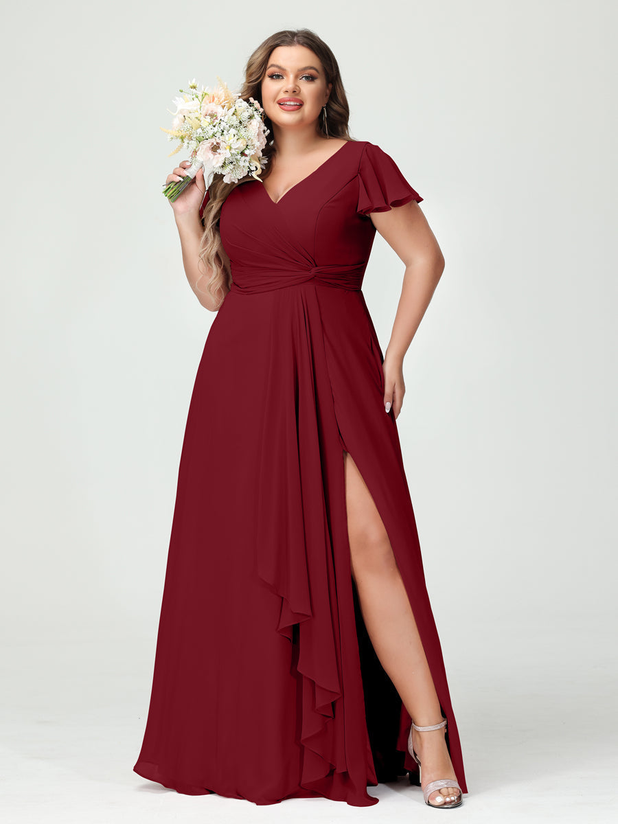 A-Line/Princess V-Neck Short Sleeves Chiffon Ruffles Split Side Plus Size Bridesmaid Dresses with Pockets Wine Red