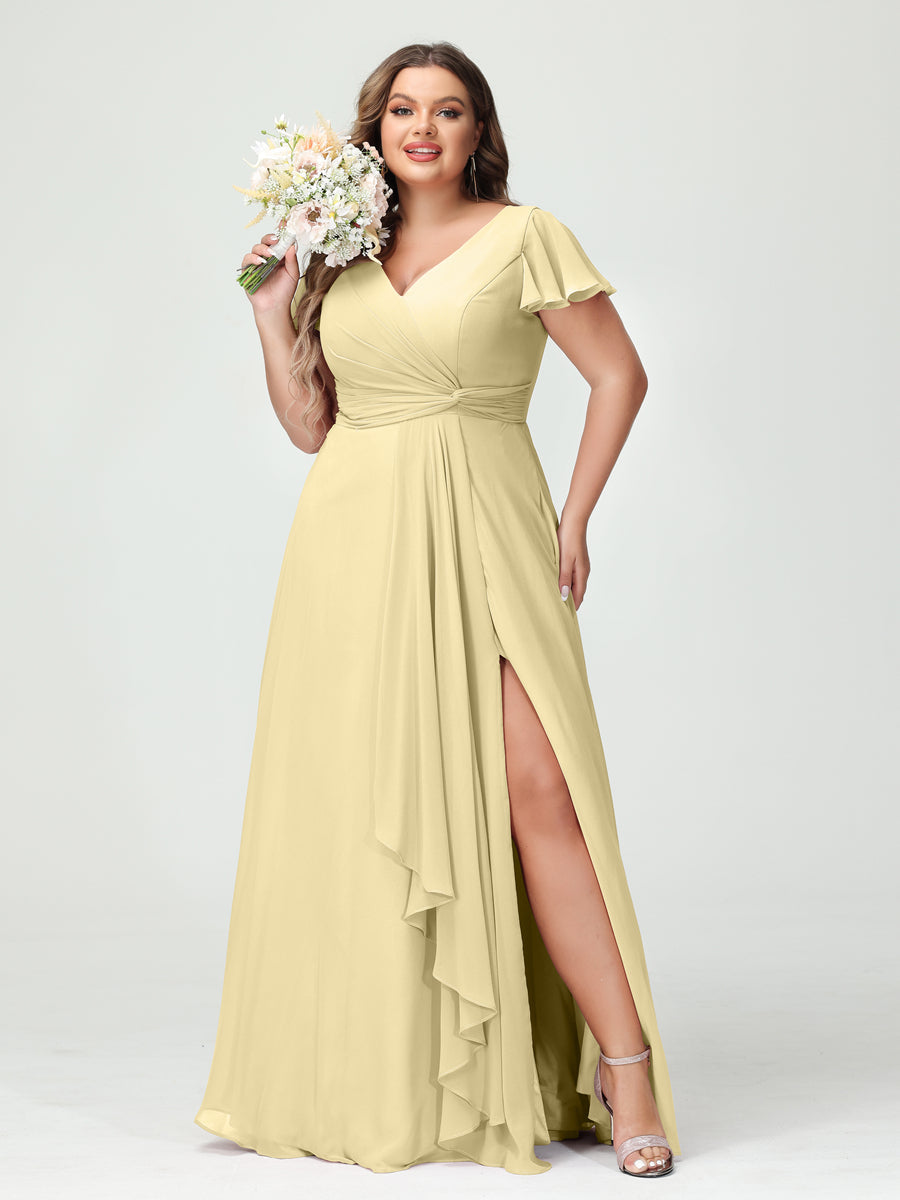 A-Line/Princess V-Neck Short Sleeves Chiffon Ruffles Split Side Plus Size Bridesmaid Dresses with Pockets Yellow